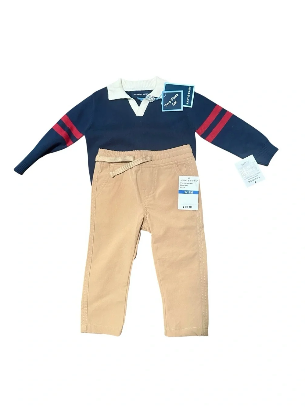 ANDY & EVAN Infant 2-Piece Collared Sweater & Hybrid Pant, Navy & Cognac 9-12M